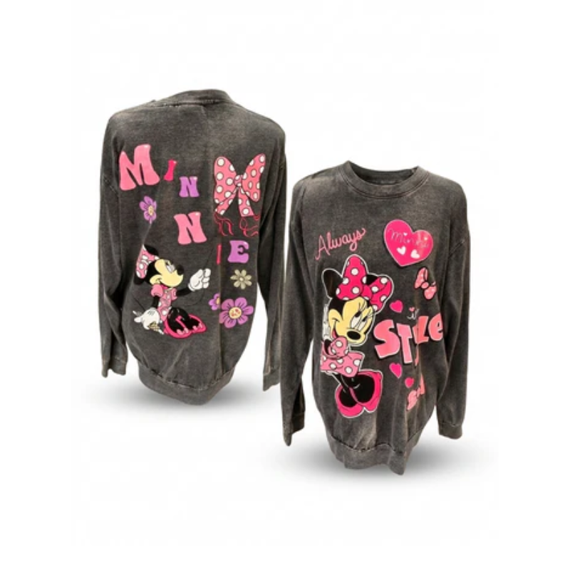 Minnie Mouse "Always in Style" acid-wash crewneck sweatshirt from Kxh Official Store showing Minnie cartoon graphic and stylish design.
