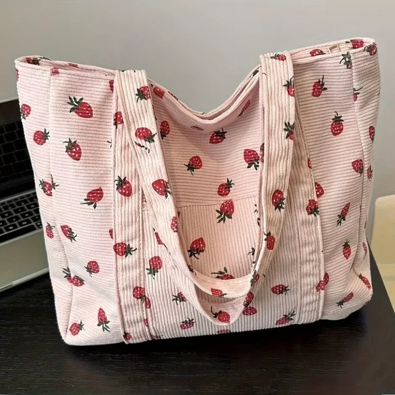 Pink strawberry-patterned corduroy fabric by Kxh Official Store, showing soft textured material with vibrant pink and strawberry design.