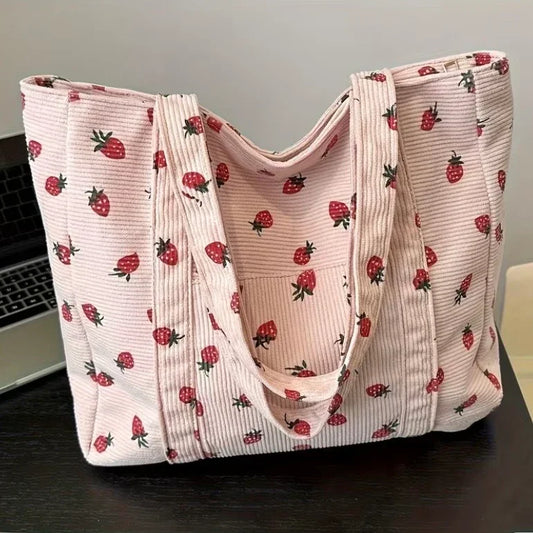 Pink strawberry-patterned corduroy fabric by Kxh Official Store, showing soft textured material with vibrant pink and strawberry design.