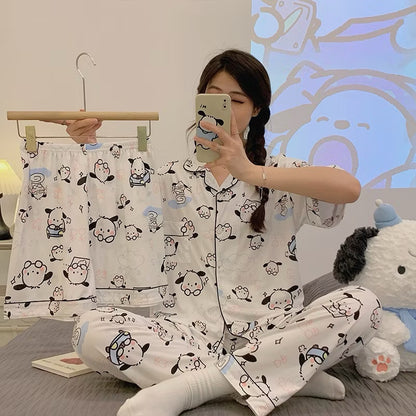 Kxh Official Store Sanrio pajama set with three pieces, featuring colorful cartoon character designs on soft fabric for comfortable sleepwear.