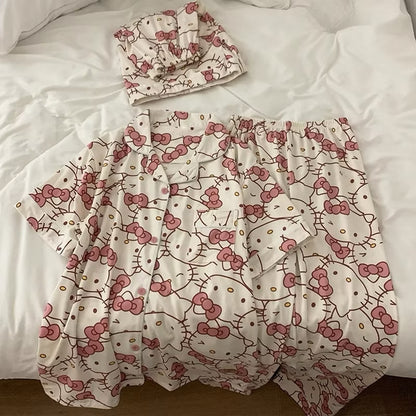 Kxh Official Store Sanrio pajama set with three pieces, featuring colorful cartoon characters on soft, comfortable fabric.