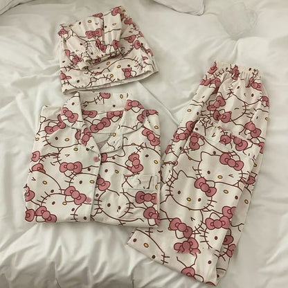 Sanrio pajama set with three pieces, featuring colorful character prints, soft fabric, and comfortable fit for kids.
