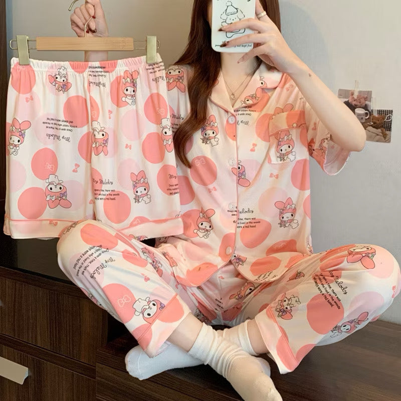 Sanrio pajama set by Kxh Official Store featuring three cozy, colorful sleepwear pieces with cute character designs.