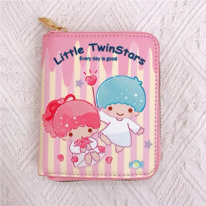 Kxh Official Store Sanrio wallet featuring colorful cartoon character designs and multiple card slots on smooth pink material.