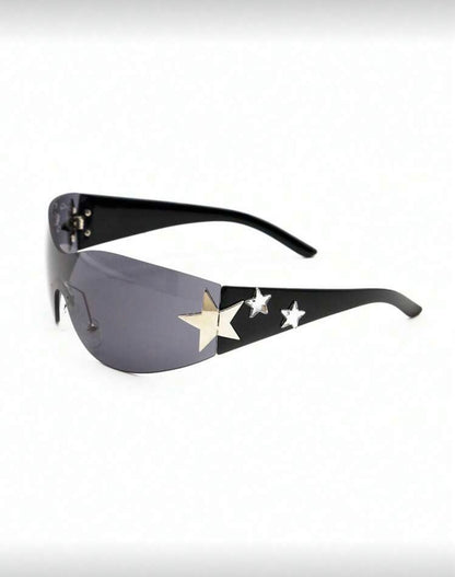 Midnight black Y2K Cyber Star Shield sunglasses by Kxh Official Store with futuristic star-shaped lenses and bold design.