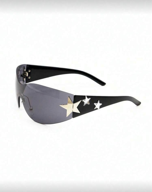Midnight black Y2K Cyber Star Shield sunglasses by Kxh Official Store with futuristic star-shaped lenses and bold design.