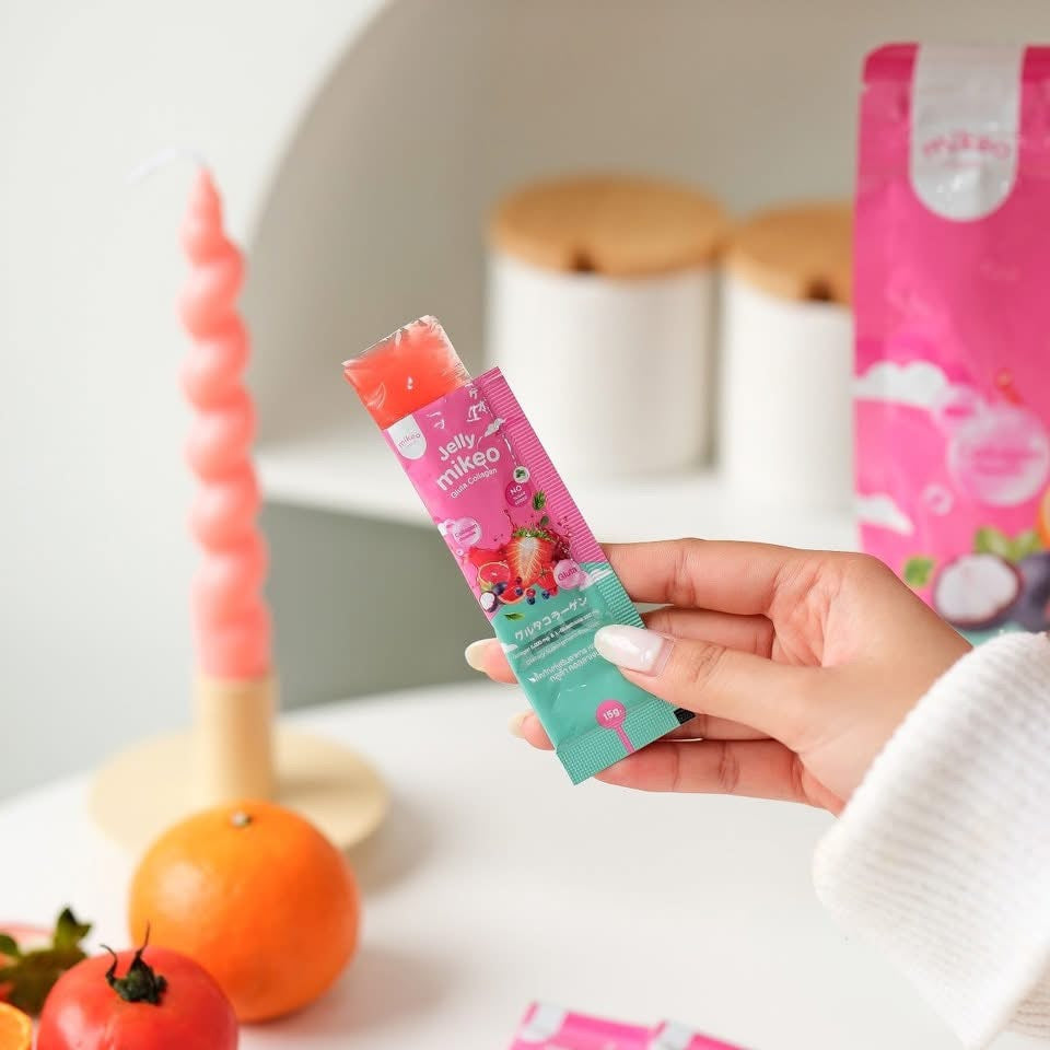 Kxh Official Store Jelly Mikeo collagen and glutathione jelly in a single packet, featuring a clear, colorful packaging design.