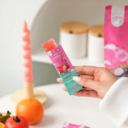 Kxh Official Store Jelly Mikeo collagen and glutathione jelly in a single packet, featuring a clear, colorful packaging design.