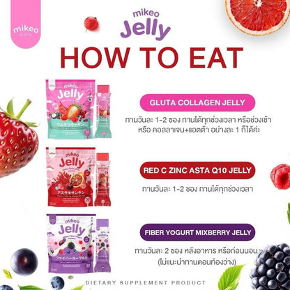 Jelly Mikeo collagen and glutathione supplement in a single pack, featuring colorful jelly candies in a clear container.