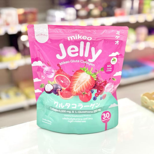 Jelly Mikeo Collagen and Gluta Jelly by Kxh Official Store in a clear, resealable pouch showing the product packaging.