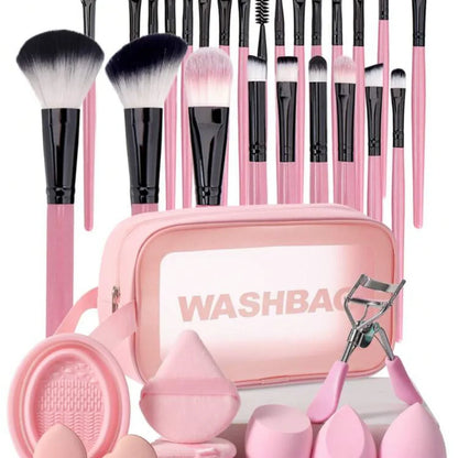 Pink Makeup Essentials Kit from Kxh Official Store featuring diverse makeup products and brushes in a compact case.