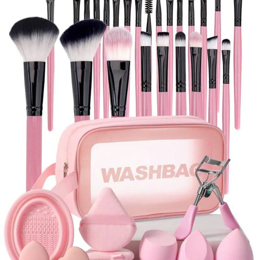 Pink Makeup Essentials Kit from Kxh Official Store featuring diverse makeup products and brushes in a compact case.