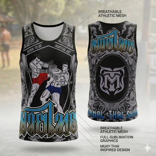 Muay Thai Warrior sublimation mesh tank top in white with martial arts graphic, designed for fighters and fitness enthusiasts.